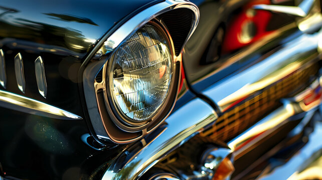 Close-up of a classic car's headlight, with light reflecting off the chrome and casting detailed shadows on the surface.