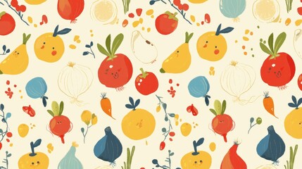A charming pattern of cute fruits on a smoothly blended background featuring onions