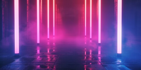 Laser Show, Stage Neon, Retro, Modern Sci Fi, Futuristic Elegant Future, Concrete Corridor, Dark Empty Showcase, Studio Room, Garage, Hallway, Portal, 3D Rendering Illustration. High quality photo