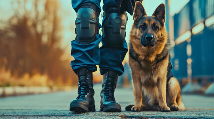 Trained K9 German Shepherd police and military guard dog standing next to officer, security service, safety and protection, narcotics inspection, copy space, animal obedience