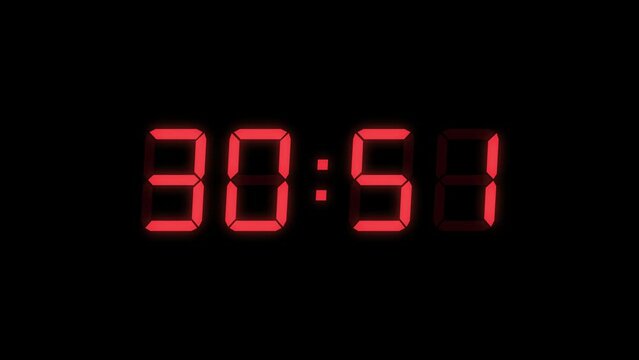 Red Digital Countdown Timer Starting at 35:00 (35 seconds) on Black Background, Featuring High-Visibility LED Display. 4K Motion Graphics