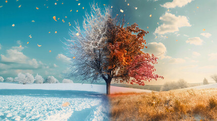 One tree winter vs autumn fall season difference, split screen illustration with snow falling on one side and orange red yellow leaves on the other. Year time cycle, environment and weather in nature