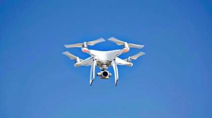 White camera drone flying with visible propellers in clear blue sky