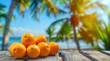 Exotic orange fruits on wooden surface with blurred sand beach, ocean or sea water waves and palm trees in the background. Summer holiday or vacation paradise island,Caribbean tourism wallpaper banner