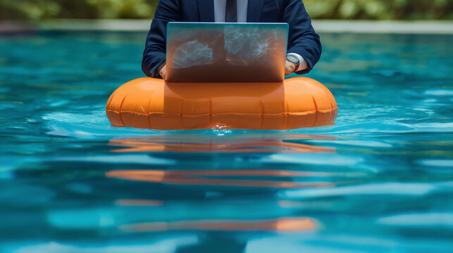 Businessman in a suit using laptop notebook computer, sitting on orange pool float, floating on swimming pool water. Freelancer online, using internet on summer holiday vacation, relax and work