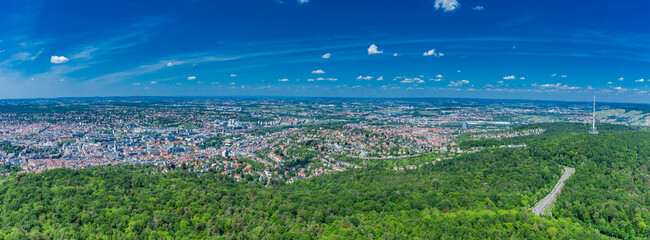 STUTTGART, GERMANY - May 12, 2024: Sweeping panorama of the vibrant urban landscape. Stuttgart East-North cityscape view. Short taken from the SWR Fernsehturm Stuttgart.