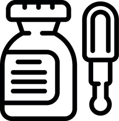 Black line icon depicting a medicine bottle and thermometer for healthcare concepts