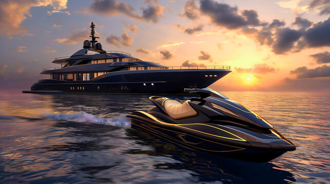 Private black and gold luxury yacht boat and jet ski parked on sea or ocean water at the sunset. Rich tourism travel and transportation, expensive ship, wealth lifestyle