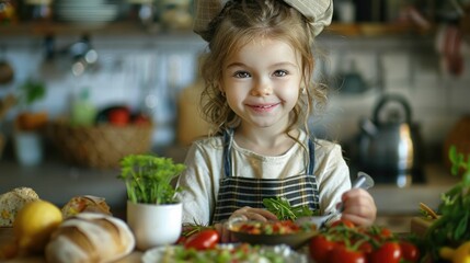 A toddler in a chefs hat is chopping vegetables on a cutting board, preparing natural foods for a...