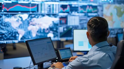 A supply chain watchtower displaying a realtime map with data points on inventory levels supplier performance and transportation routes and delays for each region of operation.