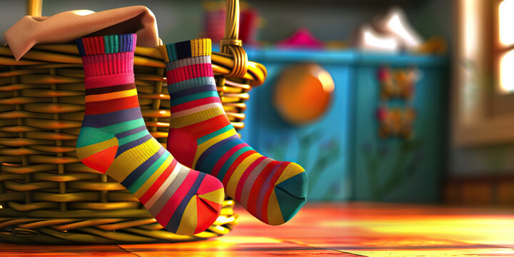 A pair of colorful socks dance playfully in a laundry basket, ready to be worn by their favorite person