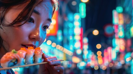 A woman with black hair is holding a tray of sushi, smiling with raised eyebrows and long eyelashes. Her facial expression exudes happiness and cool confidence, enjoying a leisurely and fun moment