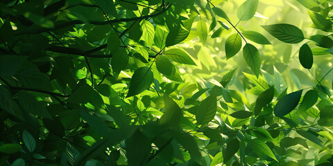 in the depths of a lush green forest, sunlight filters through the leaves, casting dappled shadows on the forest floor.