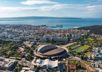 Summer aerial skyline cityscape of Split, Croatia: wide panoramic view 