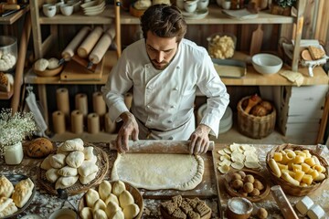 Overhead photo of Caucasian chef preparing dough using rolling pin in messy kitchen counter