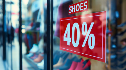 Shoes 40% off sale red promotion sign on glass window door of retail footwear store exterior view storefront. Special discount price offer, summer promo advertising marketing