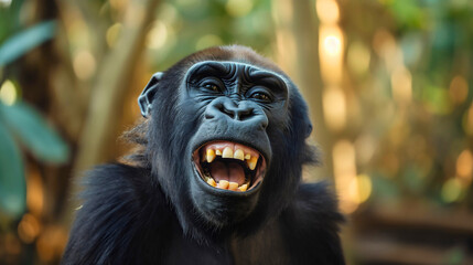 Closeup of funny big silver back gorilla ape primate monkey smiling face portrait looking at the camera, happy chimpanzee in the jungle or zoo, orangutan animal teeth - Powered by Adobe