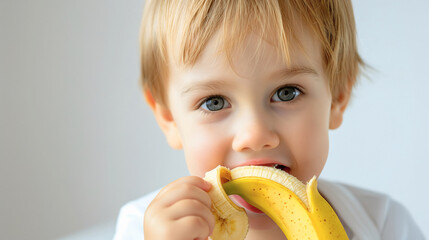 Closeup of little toddler boy eating banana fruit. Young kid or child healthy nutrition and diet,...