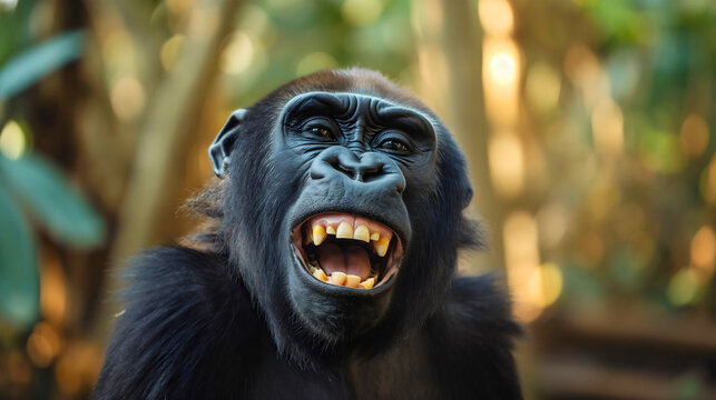 Closeup of funny big silver back gorilla ape primate monkey smiling face portrait looking at the camera, happy chimpanzee in the jungle or zoo, orangutan animal teeth