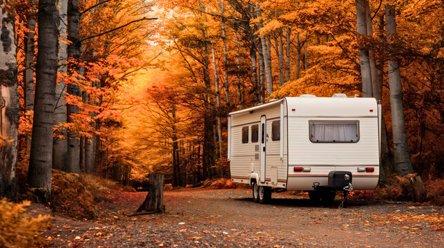 Travel trailer parked in forest wilderness nature in autumn or fall season outdoors. Summer campsite adventure with motorhome, RV caravan camper surrounded by orange and yellow tree leaves
