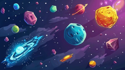 Whimsical Space Adventure: Cartoon Planets and Asteroids