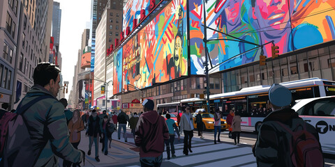 Naklejka premium A bustling city street with people rushing about their daily routines, their eyes drawn to a colorful mural that stretches up the side of a tall building.