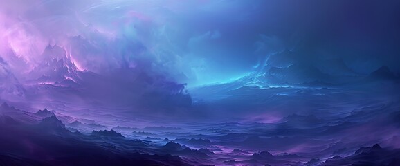 Fototapeta premium Layers of dense purple fog engulfing a mysterious landscape, with hints of vivid blue peeking through the haze.