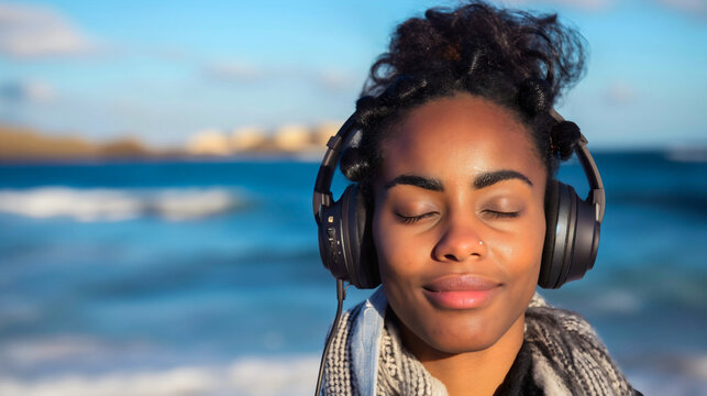 Closeup portrait of beautiful young black African American woman listening to music, wearing headphones, happy, smiling with closed eyes. Copy space, ocean sea summer background, harmony relaxation