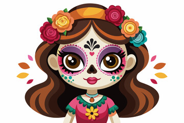 Girl with Day of the Dead makeup. Child with sugar skull face paint. Isolated on white backdrop. Concept of Dia de los Muertos, Mexican cultural tradition, festival, celebration, Halloween