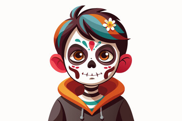 Boy with Day of the Dead makeup. Child with sugar skull face paint. Isolated on white backdrop. Concept of Dia de los Muertos, Mexican cultural tradition, festival, celebration, Halloween