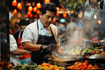 Full body photo of Hispanic male chef prepping ingredients, sautéing veggies, and attending to a simmering pot in a bustling kitchen. - Powered by Adobe