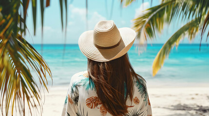 Rear back view of young woman with brunette hair wearing straw hat and tropical palm tree pattern shirt, standing on sand beach, sea ocean water background. Exotic summer paradise nature tourism