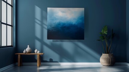 Harmonious blend of light and dark in a minimalist abstract composition, evoking a sense of calm against a deep blue wall.