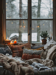 living room warmly decorated for the festive season, featuring a white sofa with decorative pillows, a wooden table adorned with pumpkins and candles, and a Christmas tree illuminated 