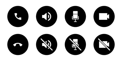 Video call icon set in circle user interface design for calling applications in black color. Video call icon set. Sound, microphone, video camera, phone, sound off, microphone off, camera off icons. 