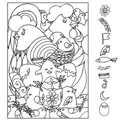 Find and color hidden objects. Hen with cock and little chickens. Birds. Easter. Poultry farm. Coloring page. Game Puzzle for children. Sketch vector illustration