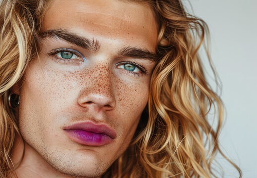 Portrait of a blond androgynous man with make-up