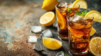 iced lemon tea with space area for text. national iced tea day