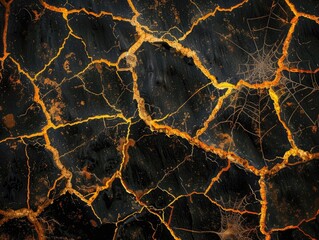 Top view image of a ground surface in a vivid hue, showcasing a dramatic collapse and spiderweb-like cracks, isolated on a solid black background.