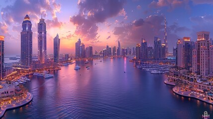 Fototapeta premium A view of Dubai Marina at dusk.