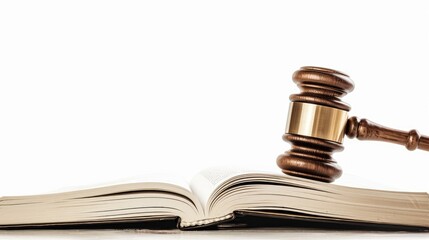 Concept of Law Gavel resting on an open law book in a courtroom or legal office setting with empty white background Space available for text placement