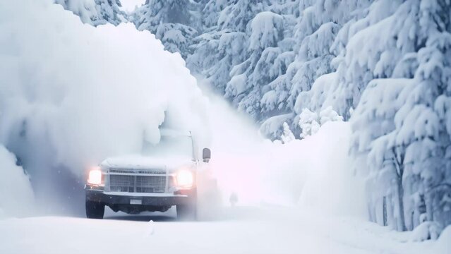 A delivery truck maneuvers through a snowy road during winter, A delivery truck making its way through a snow-covered forest