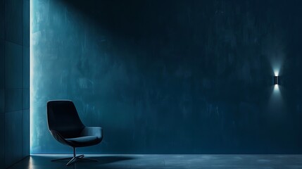 Enigmatic charm of minimalist design highlighted by the soft glow of light against a deep blue wall.
