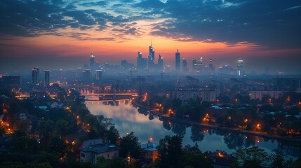 Amazing nighttime cityscape of Warszawa, the capital city of Poland.
