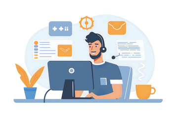 Vector illustration of customer support operator with headset working on computer in office
