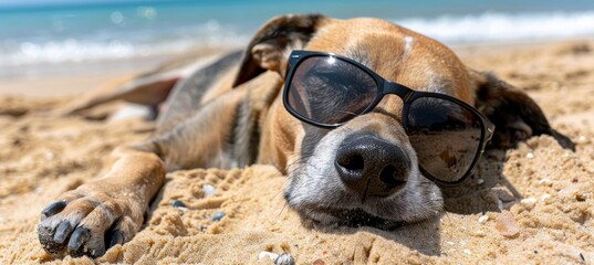 A dog wearing sunglasses is lounging by the sea on a summer day. The relaxed vibe and the beach setting are prominent, making it a perfect image for summer themes and pet-related content.