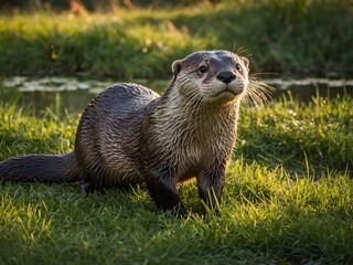 Wet otter emerges from body of water onto vibrant green grass. Sunlight highlights sleek, glistening fur, whiskers. Otter has just exited water, as indicated by wet fur.