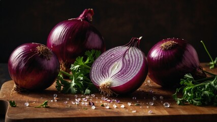 Wooden cutting board stage for culinary scene. Several red onions, one cut in half, reveal intricate layers within. Fresh green parsley, scattered salt crystals accompany onions.
