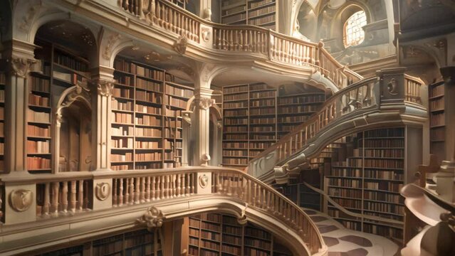 A staircase in a library surrounded by numerous books, showcasing the vast collection of educational resources available, A digital library with endless resources for learning