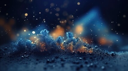 Bokeh lights on a gradient blue background. numerous sparkly gold particles of various sizes scattered around. These appear to be round and flat, and some have a slight blur around the edges. AIG35.